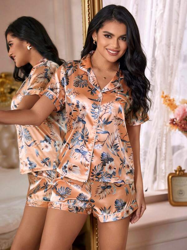 Laroche™ | Ensemble de Pyjama Satin Imprimé Tropical avec Piping Contrastant