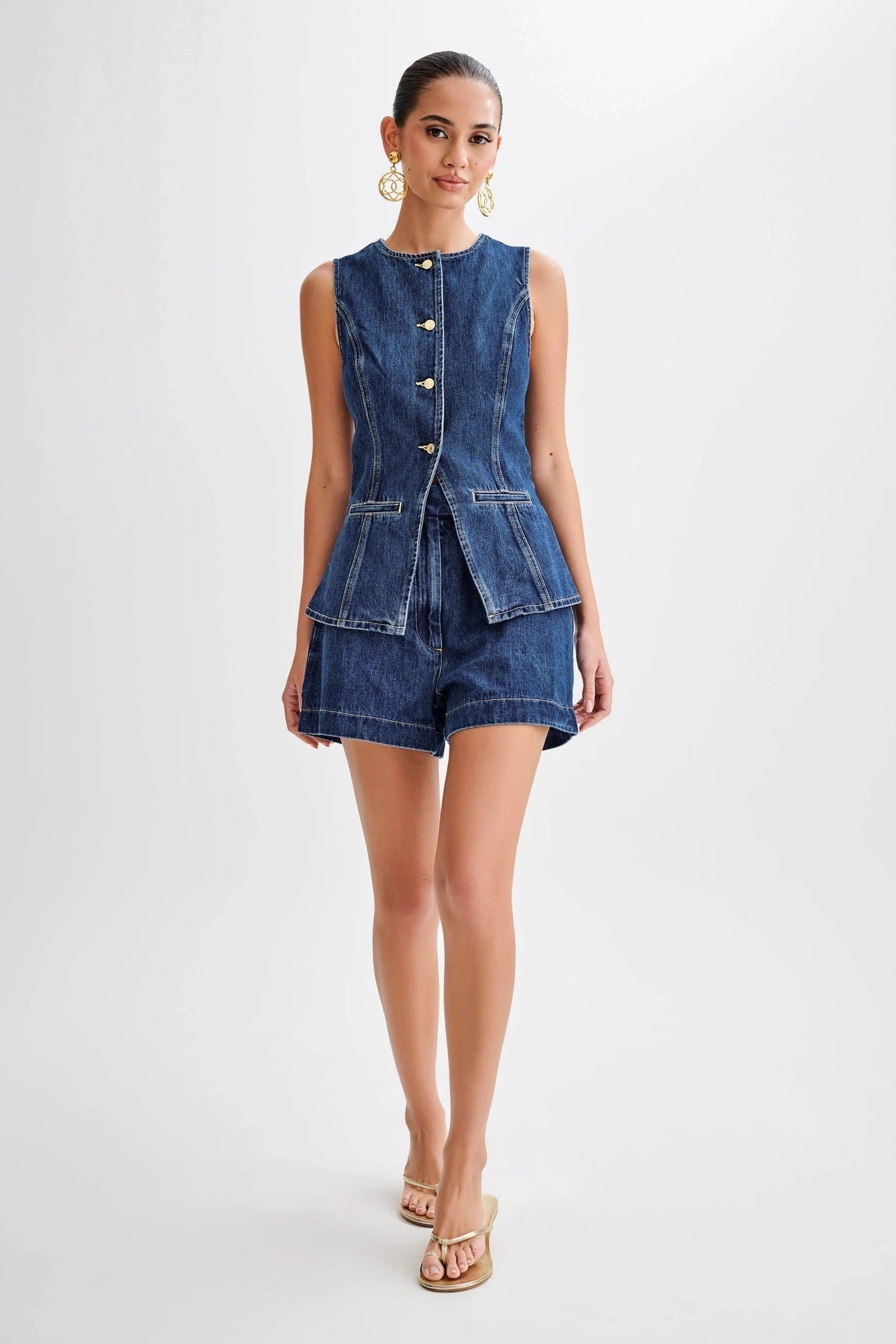Laroche™ | Ensemble assorti en denim : gilet et shorts
