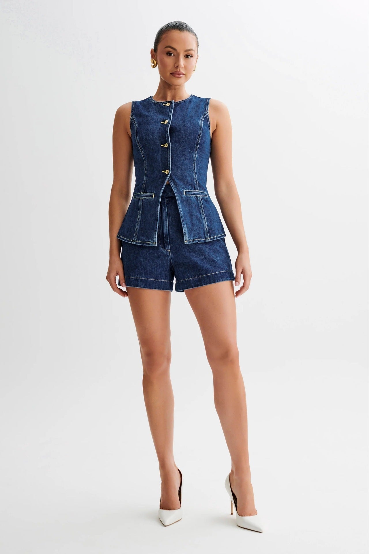 Laroche™ | Ensemble assorti en denim : gilet et shorts